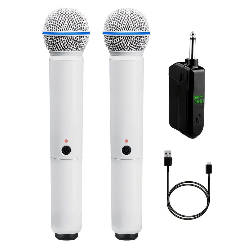 Heikuding Sistema de Micrófono Inalámbrico Dual con Receptor Recargable - 20H de Autonomía, Alcance de 100 Pies, Carga USB, Batería 18650, Soporte Clip/De Pie e Indicador de Batería - Jack de 6.35mm para Karaoke, Bodas, DJ, Fiestas, Iglesia (), Diseño El