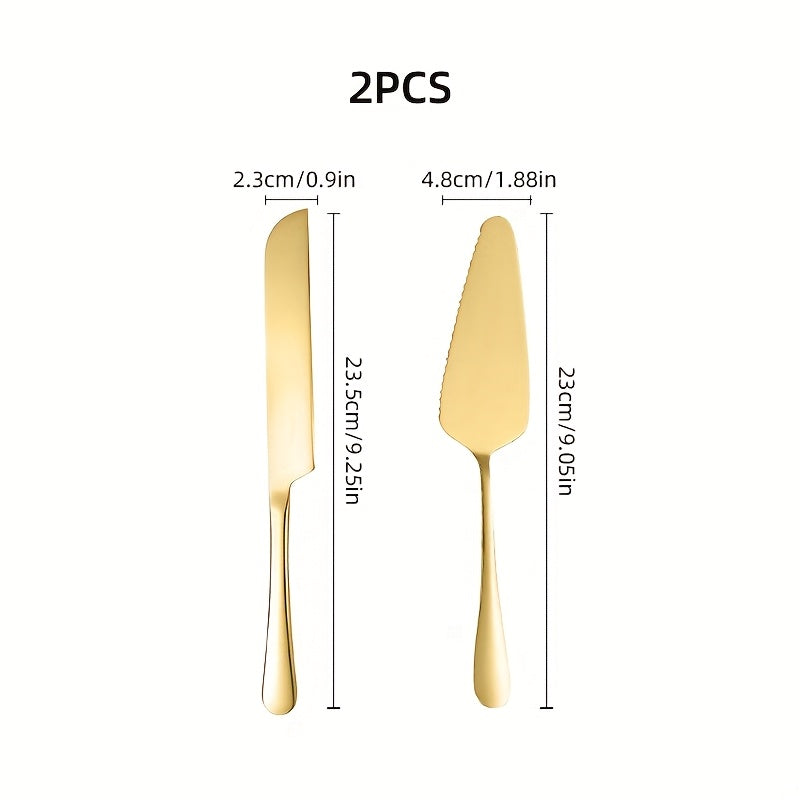 Juego de 2 cuchillos para pastel y pala para pizza de acero inoxidable dorado - Ideal para cumpleaños, bodas, fiestas y ocasiones especiales, perfecto para servir postres y pizzas, utensilios para ocasiones especiales | Vajilla elegante | Cubiertos durad