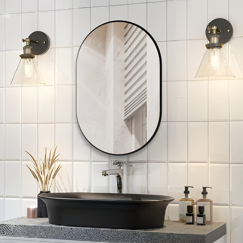 Espejo ovalado para baño de 60x40 cm, montado en la pared, marco de aluminio espacial, acabado cepillado, sin electricidad, espejo decorativo elegante para ducha y maquillaje, fácil instalación en superficies de vidrio - dorado/negro