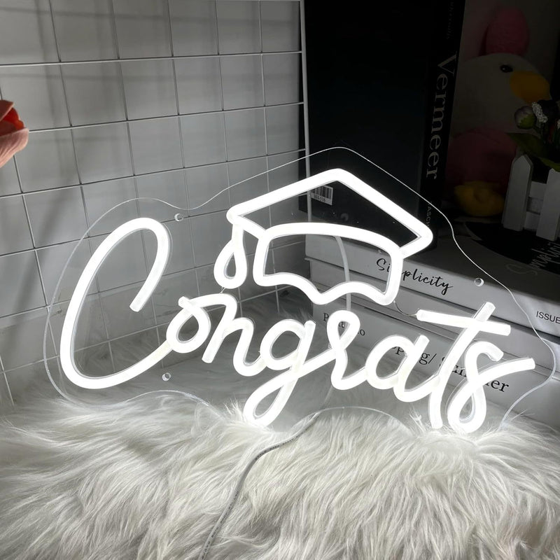 Luz de neón personalizada "Felicidades" con diseño de birrete de graduación - Decoración de pared de luz de neón personalizada, lámpara de atmósfera LED regulable para bodas, fiestas de cumpleaños, jardín de casa, alimentada por USB, sin batería - Opcion