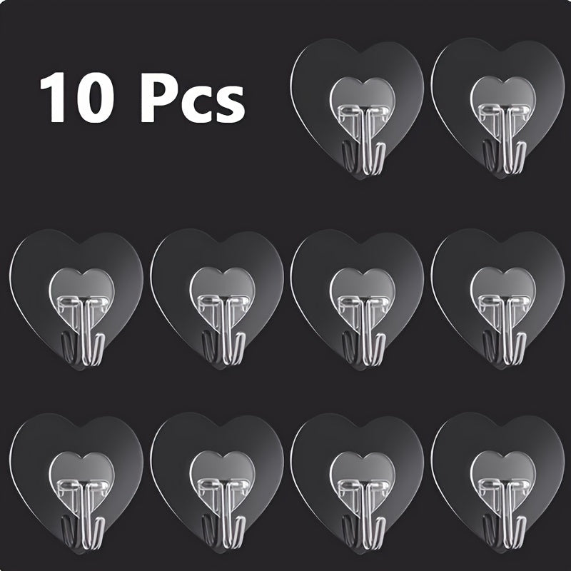 10 ganchos adhesivos grandes y resistentes, copas de succión transparentes sin taladro, soportes para pared en forma de corazón reforzados para almacenamiento en cocina y baño, fácil instalación, estilo casual, ganchos utilitarios