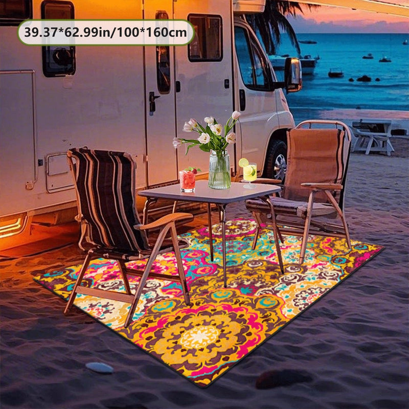 Estampado digital 2D plano con patrón floral, alfombra decorativa de estilo étnico, alfombra interior de RV, alfombra de tienda, alfombra de patio, alfombra de bienvenida, alfombra de camping, adecuada para camping al aire libre, senderismo, viajes en ca