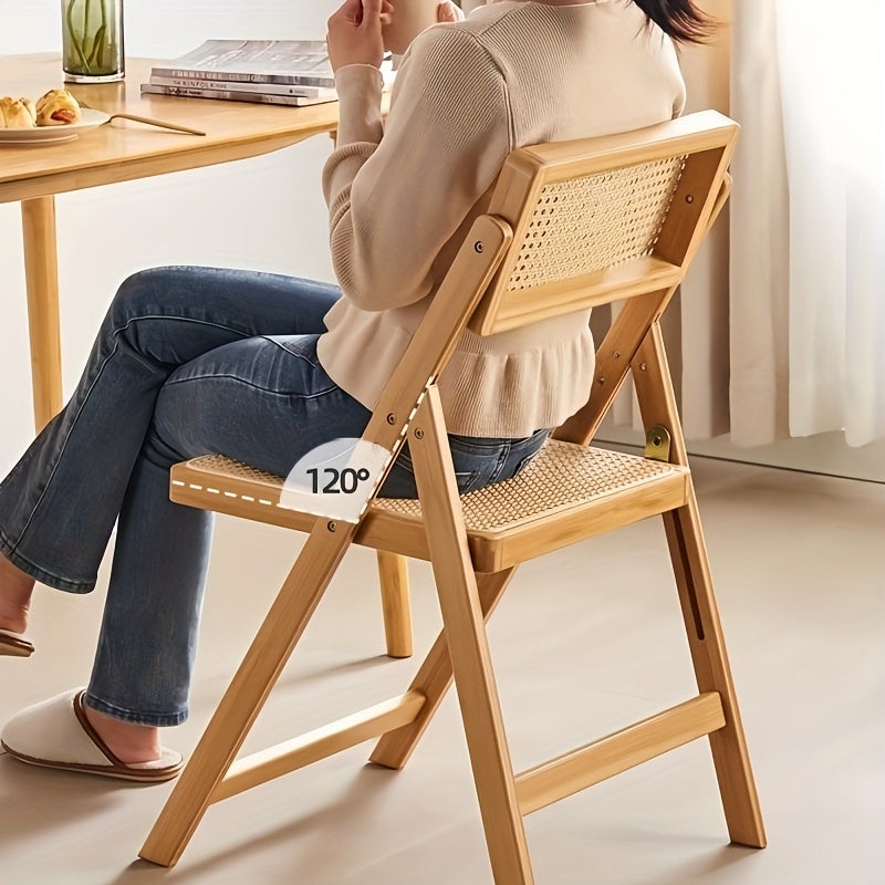 Silla plegable moderna de bambú de 1 pieza con asiento de mimbre - Color marrón claro, diseño de espalda abierta, estructura de bambú duradera, capacidad de peso de 150 kg, no necesita ensamblaje - Ideal para uso en casa o en la oficina, silla de oficina