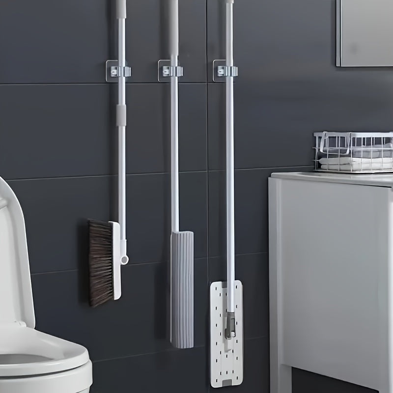 1/2/3pcs Soporte para trapeador y escoba montado en la pared, organizador de plástico de estilo contemporáneo, solución de almacenamiento fuerte adhesivo sin taladro para baño y cocina, ganchos de utilidad