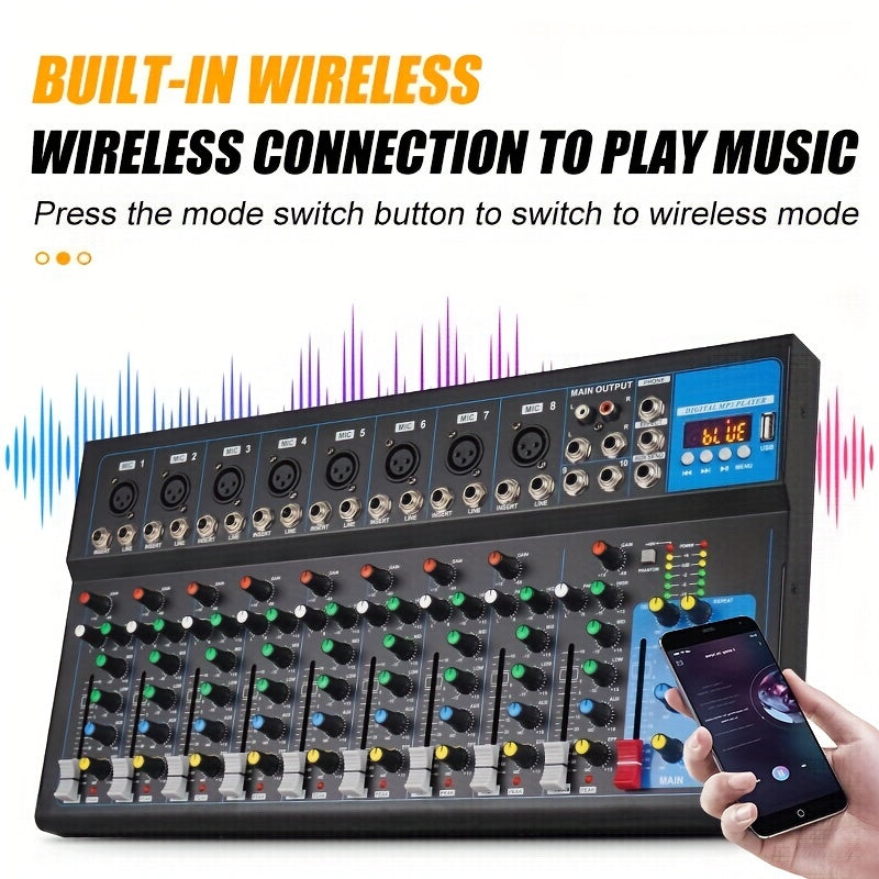 Consola de mezcla profesional NXG de 10 canales con reproducción USB, construcción de aleación, fuente de alimentación operada 110-130V, enchufe estadounidense, mezclador de DJ para presentaciones en escenarios con 99 efectos de reverberación incorporado