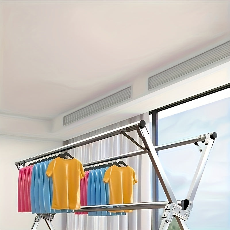 Perchero Plegable de Metal con Barra Doble Ajustable y 20 Ganchos Antiviento, Apto para Uso Interior y Exterior; Solución de Almacenamiento Ahorrador de Espacio para Ropa, Edredones y Ropa de Cama