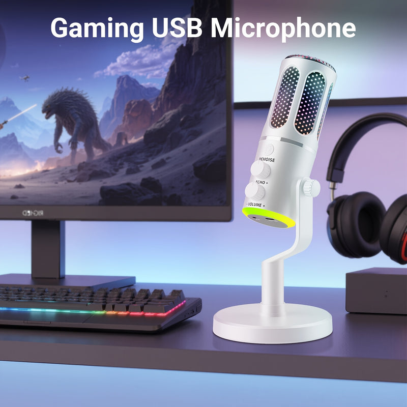 Microfono de Escritorio USB RIKSOIN con Iluminación RGB, Micrófono de Condensador para Grabación y Transmisión en Estudio Zero-Latin, Compatible con PC, Mac, PS4/5, Incluye Entrada para Auriculares, , Ideal para Podcasts, Juegos y Videollamadas, Micrófon