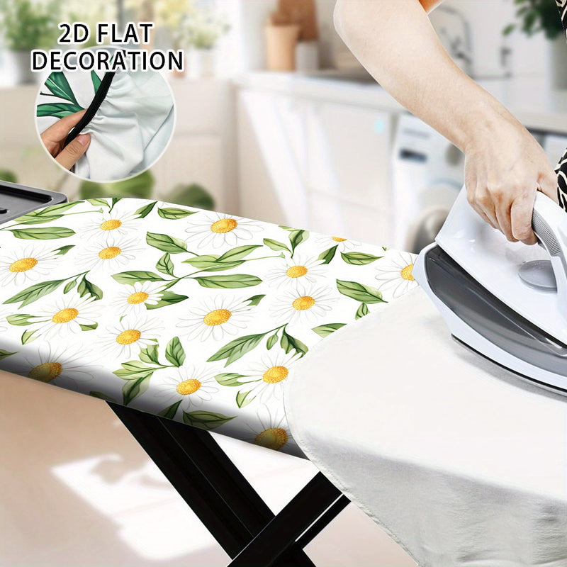 Funda de tabla de planchar 2D de diseño plano - Tamaño completo, relleno resistente al quemado, borde elástico, resistente, lavable en máquina - 1 pieza, blanco con patrón floral amarillo y verde, ideal para decoración de la habitación de lavado en casa,