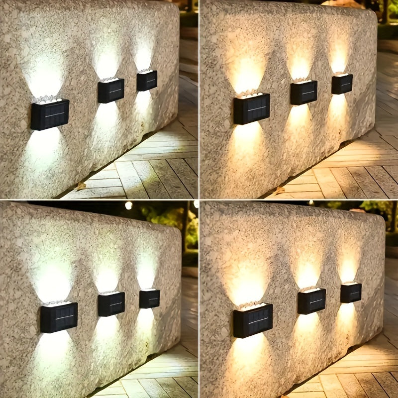 Juego de 3 luces solares para pared con 6 LED, luces exteriores para uso doméstico, pequeñas luces externas clase IP44, decoración de iluminación estilo nórdico para jardín y porche del hogar (blanco/blanco cálido)