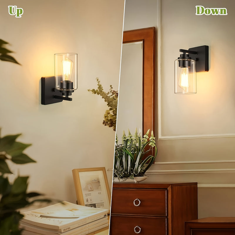 Juego de 2 Apliques de Pared para Baño, Luces Modernas para Tocador, Linternas de Iluminación de Montaje en Pared en Negro Mate, Luces de Pared Estilo Granja con Pantalla de Vidrio Transparente para Dormitorio, Sala de Estar, Pasillo y Cocina (Bombilla I