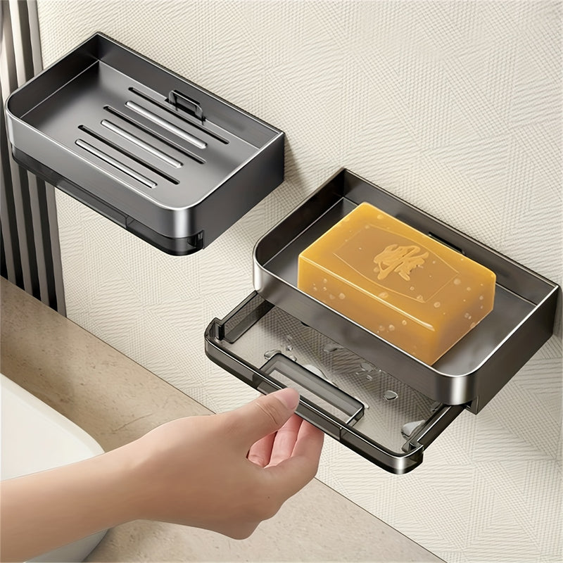 Porta Jabonera de Acero Inoxidable con Bandeja de Drenaje - Montaje en Pared, Sin Taladro, Diseño Rectangular para Baño y Cocina - Solución de Almacenamiento Elegante y Duradera para Dispensador de Jabón de Manos