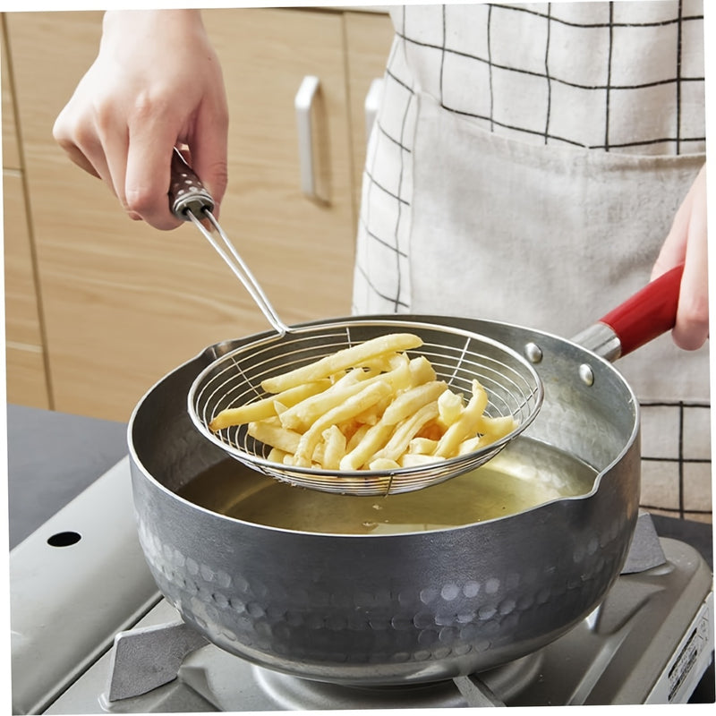 1pc cesta de malla de acero inoxidable con mango reforzado, filtro doble gancho para aceite, adecuada para fideos fritos, colador doméstico