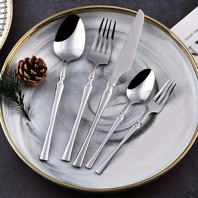 20/30/40 piezas Juego de cubiertos de acero inoxidable elegante plateado, cintura delgada y mango delicado, 4/6/8 persona vajilla de alta calidad, cuchillo para bistec, tenedor, cuchara, cuchara de postre y tenedor, para hogar, cocina, restaurante, fiest