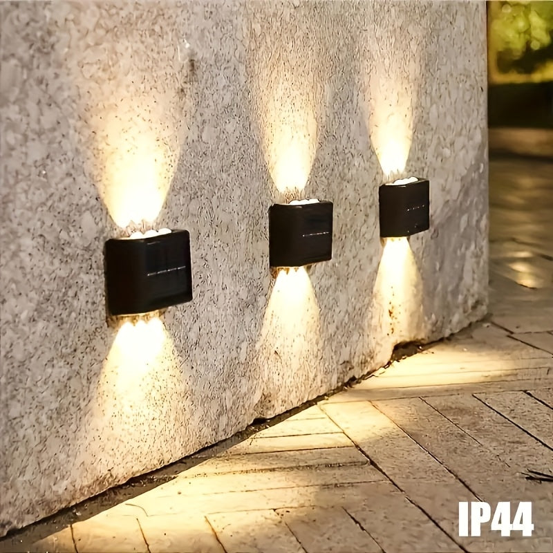 4 paquetes, 6 luces LED solares para pared exterior con iluminación hacia arriba y abajo, luces decorativas para exterior, luces LED para paisajismo, ideales para exteriores, patio, villa, cerca, terraza, jardín