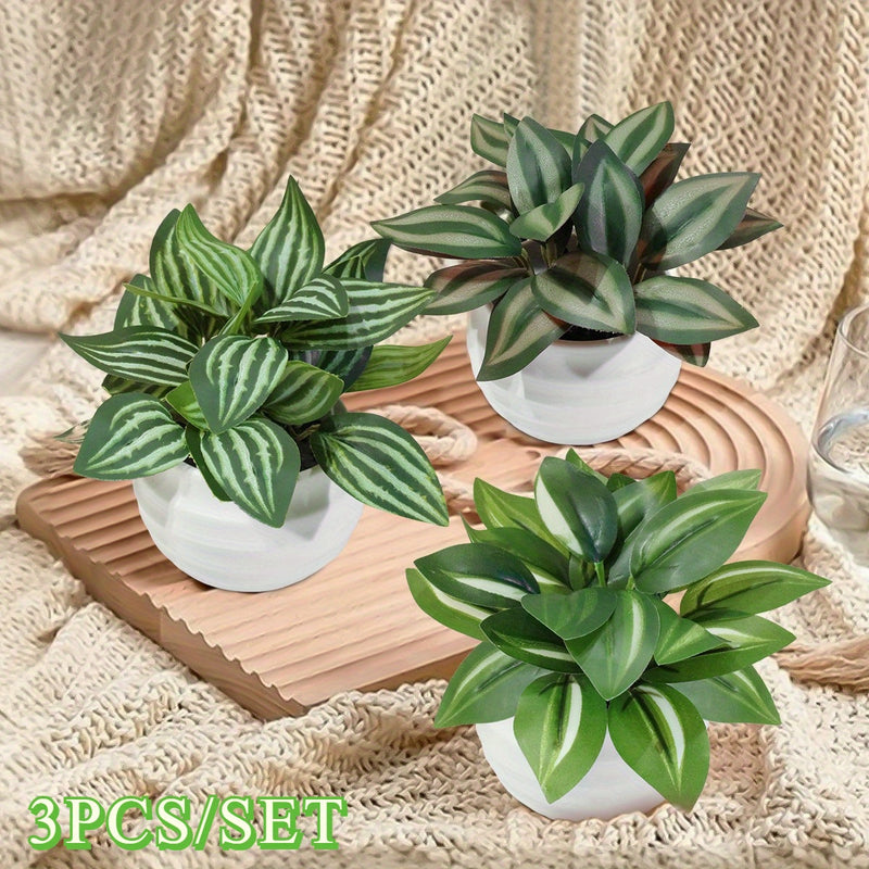 3 Piezas por Set Plantas Artificiales en Maceta Fittonia, Hoja Zebrina, Peperomia, Mini Bonsái Rosa y Verde, Material PE para Decoración de Exteriores, Jardín y Hogar Primavera-Verano