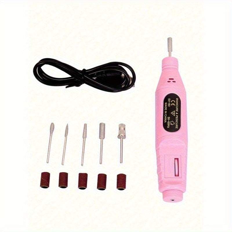 Kit eléctrico de lima y pulidor de uñas - Rosa, juego de herramientas para cuidado de uñas con USB y 4 accesorios, para manicura profesional en casa o salón, taladro para uñas