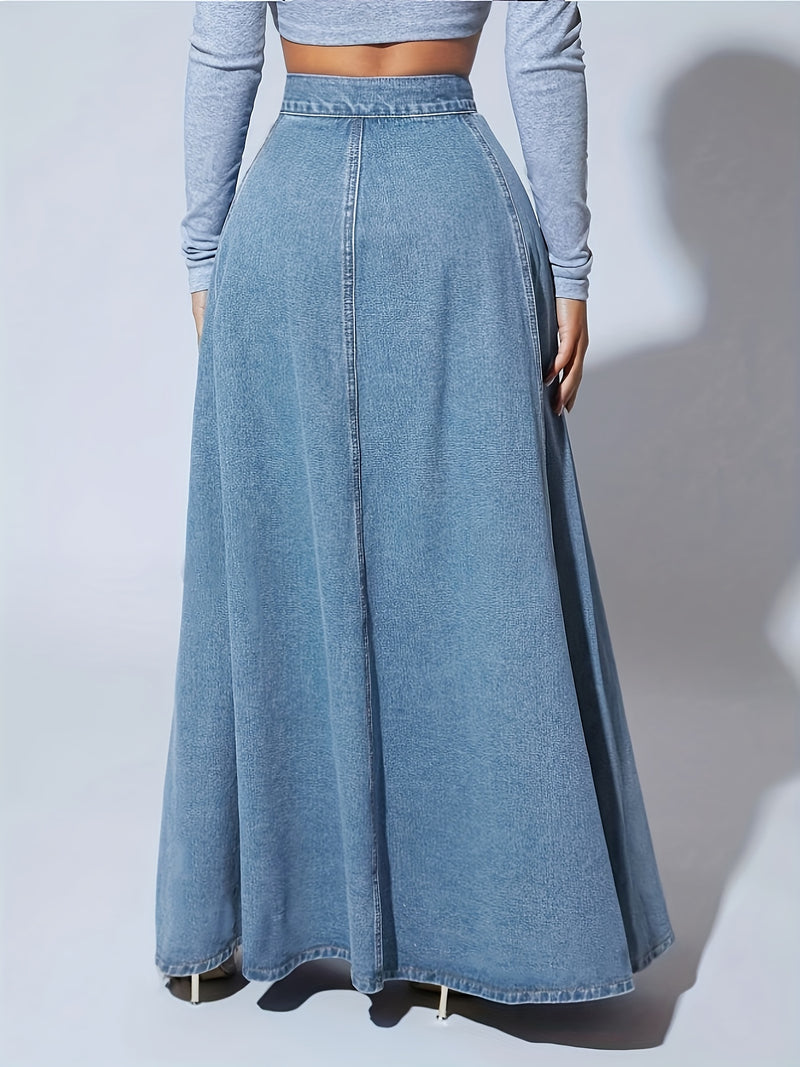 Falda larga acampanada de mezclilla de lavado claro liso, de un solo pecho, corte holgado, para mujer, jeans y ropa de mezclilla
