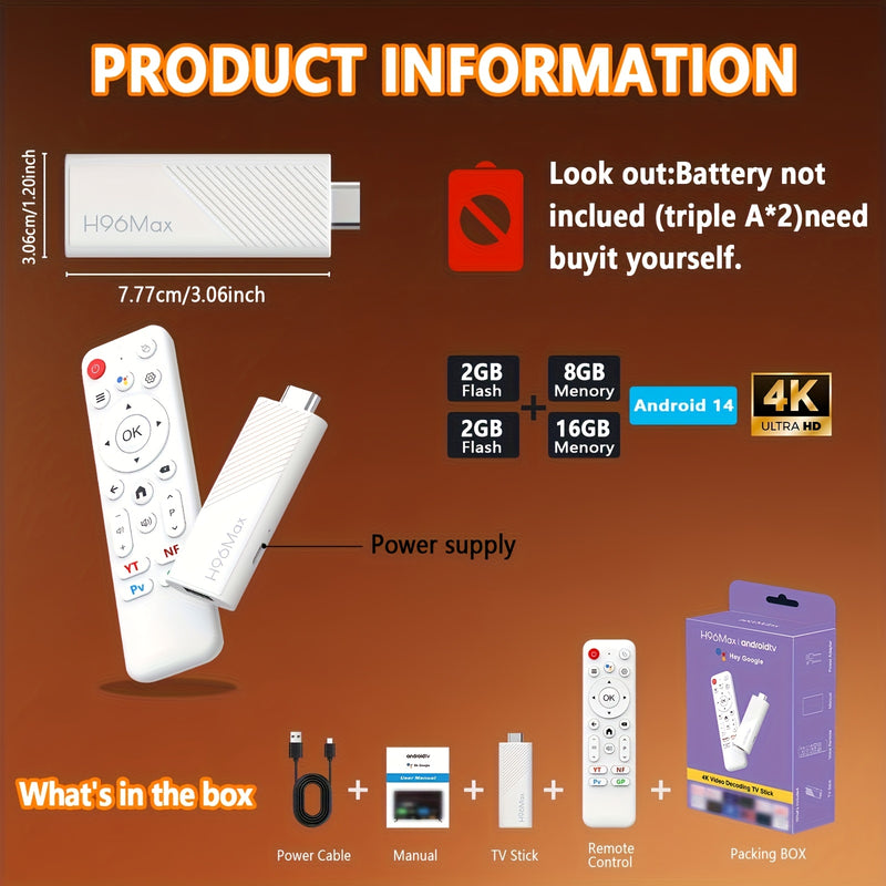 TV Stick H96 Max H313 - Reproductor Multimedia Android 14 con Google Play, Streaming 4K Ultra HD, WiFi Dual, CPU Quad-Core, Chromecast Integrado, WiFi Rápido, sin varillas - Dispositivo Compacto para Smart TV, Reemplazo de Fire TV, Consola de Juegos - Op