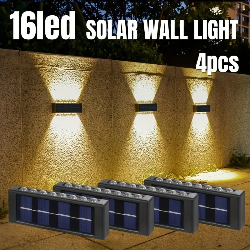 4 piezas de luces solares de 16 LED para exteriores, para decorar patios y paredes, IP44, fácil instalación, plástico duradero, iluminación de senderos exteriores para jardines.