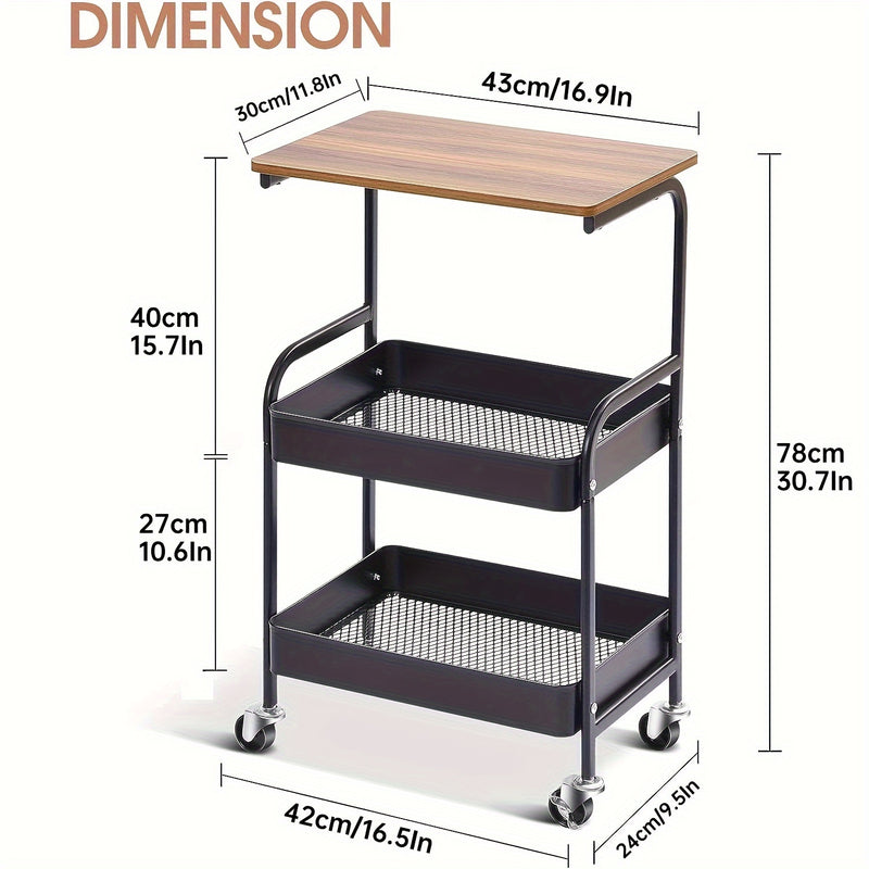 Carro de Utilidad de 3 Niveles TOOLF con Tapete de Madera - Estructura Metálica Resistente, Ruedas Bloqueables y Almacenamiento Adicional - Carrito Organizador Negro Versátil para Cocina, Oficina, Aula, Carrito de Almacenamiento Rodante