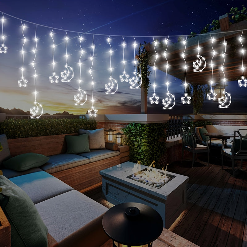 Luz de barra de hielo lunar estelar alimentada por energía solar LED, 8 modos, IP44, luces de cuerda lunar estelar, adecuadas para decoración colgante, adecuadas para camping al aire libre, patios, porches, villas y decoración de fiestas de vacaciones.