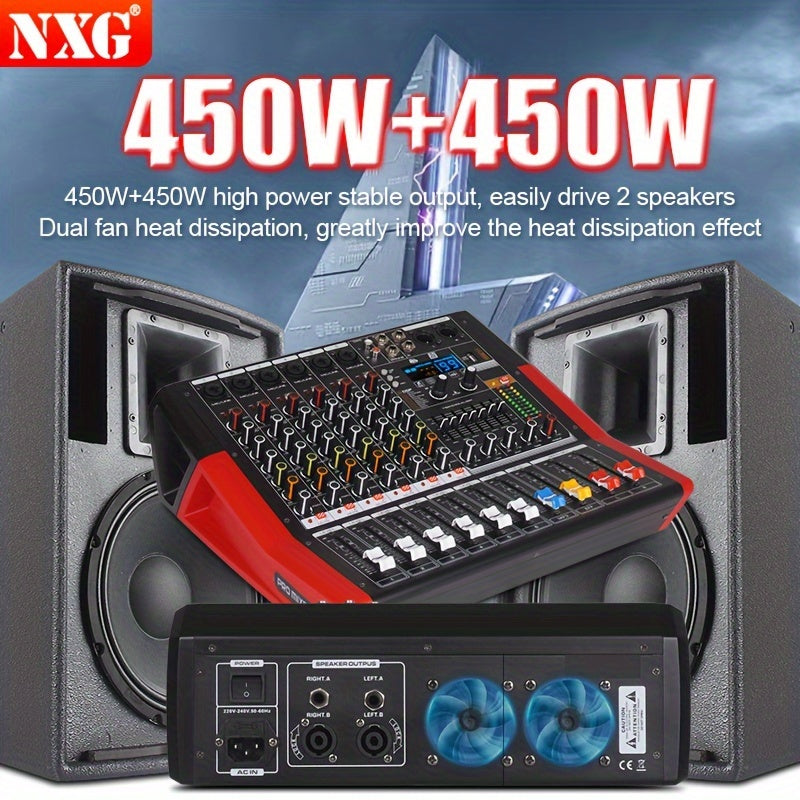 Amplificador Estéreo de Alta Potencia NXG TF-600D 450W con USB/Inalámbrico, Fuente de Alimentación Fantasma de 48V - Ideal para Subwoofers y Altavoces, Rojo con Acentos Negros, Amplificador de Potencia Incorporado