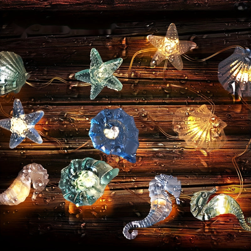 Luces LED de alambre de cobre con diseños de estrellas de mar, caballitos de mar, conchas y caracoles, decoración para el hogar, fiestas, bodas y festivales, funcionan con pilas, 36V seguro, pilas no incluidas, iluminación festiva, luces con batería, dec