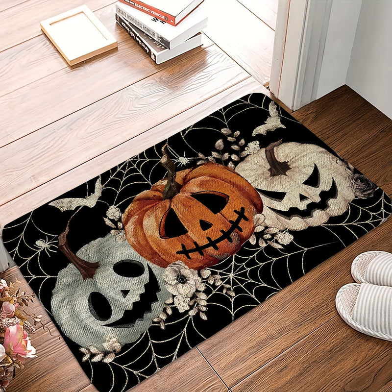1pc Felpudo de Halloween de poliéster, diseño de telaraña de calabazas negras, felpudo decorativo de entrada espeluznante, respaldo de goma antideslizante para interiores/exteriores, rectangular, lavable a máquina, decoración de piso para el hogar y la c