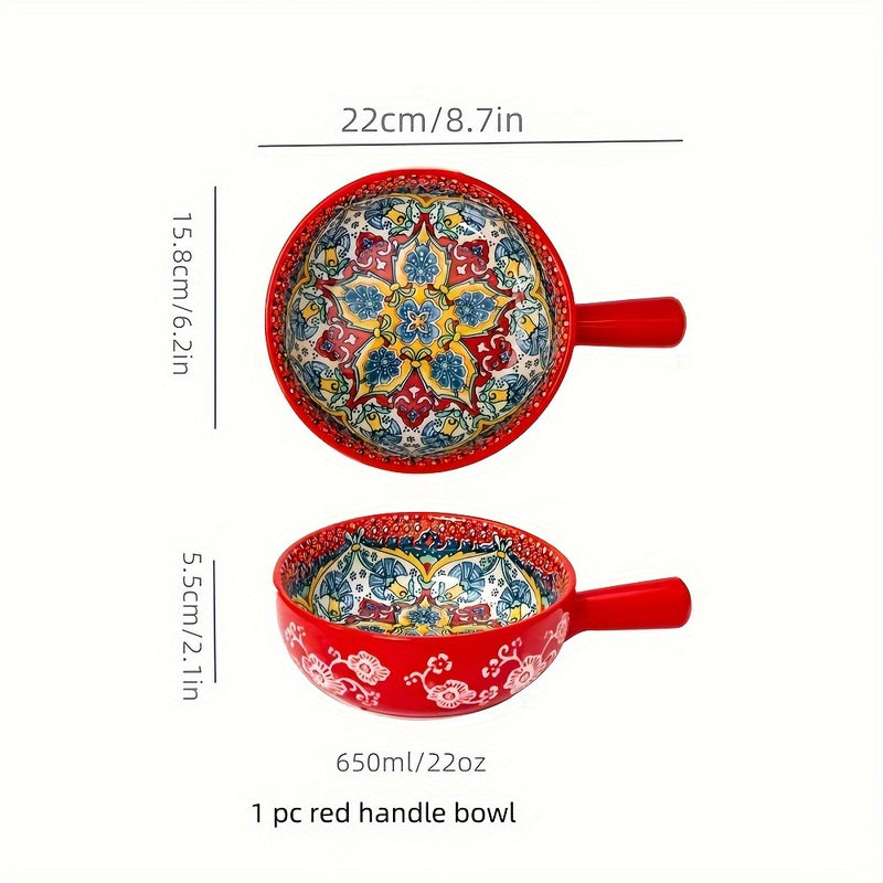 Ensaladera bohemia de cerámica con asa, 22.1 cm, apta para microondas y horno, ideal para hornear y servir en casa