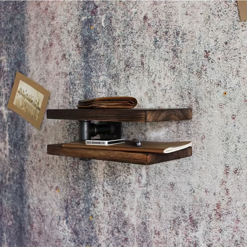 Estante de pared rústico de madera con doble estante, estilo industrial americano, diseño de tubería vintage, estante de almacenamiento multiusos con tubería de metal, acabado pintado, para uso doméstico y de cocina