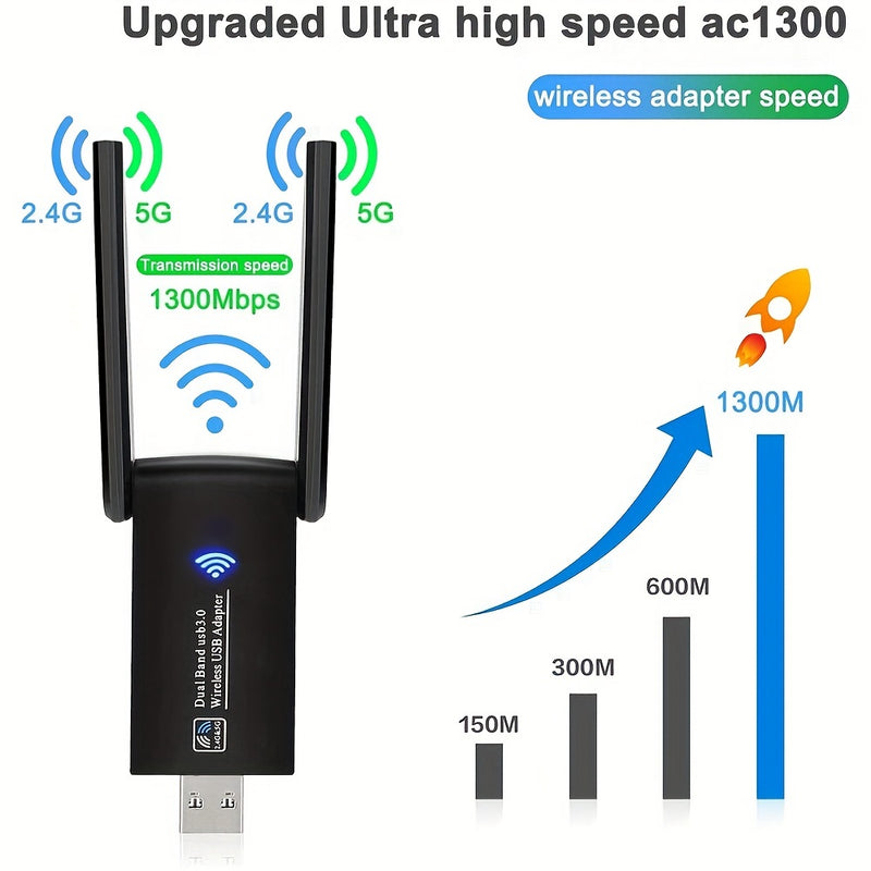Tarjeta de Red Inalámbrica AC1300m USB para Win10, Tarjeta de Red sin Disco, Receptor y Transmisor WiFi, Conectividad Inalámbrica|Antenas Elegantes|Carcasa Duradera