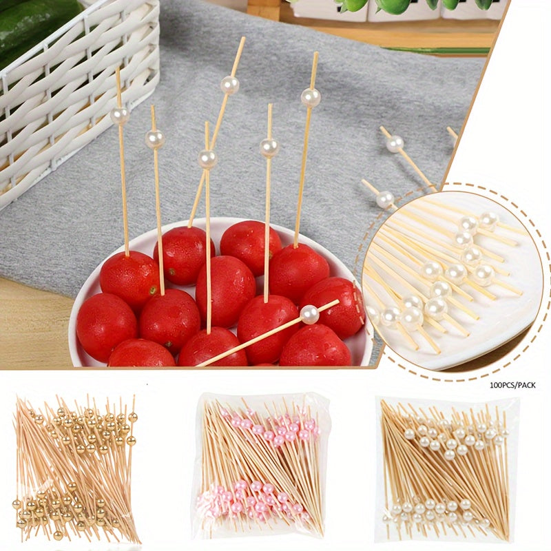 100 piezas de palillos de dientes de bambú para fiestas de bodas, palillos para verduras y frutas con perlas, aperitivos y frutas con perlas doradas/rosas/blancas, palillos para alimentos y bebidas de Navidad, Año Nuevo, palillos para pasteles, postres,