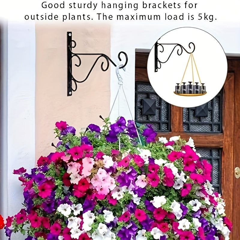 4 piezas de ganchos de pared de metal negro de alta resistencia para colgar macetas, faroles y luces de césped - Incluye tornillos, fácil de instalar, no necesita energía, ideal para decoración al aire libre e interior, decoración de jardín | Decoración