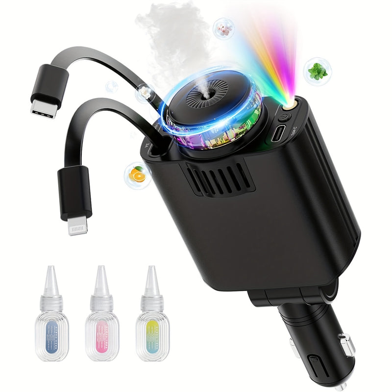 Carregador de Coche Aromaterapia Inteligente Cielo Estrellado, Diseño Plegable 5 en 1, Carga Rápida Compatible con iPhone 16/15/14/12/11, Sistema Dual para iOS y Android, Universal para Todos los Modelos de Vehículos y Marcas de Dispositivos