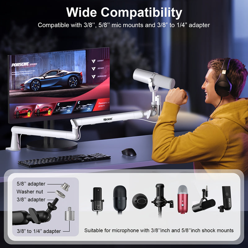 Brazo de micrófono pesado y blanco, giratorio 360° con gestión de cables integrada, adecuado para podcasting, video, juegos, transmisiones, estudio, grabación.