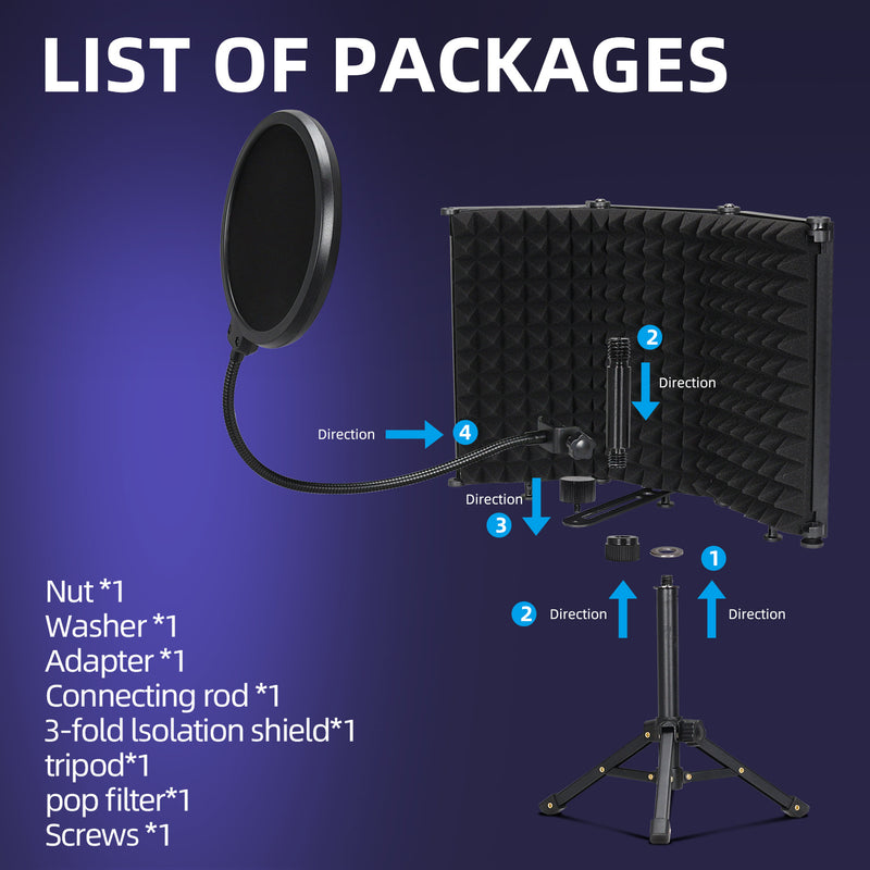 Kit de protección de grabación portátil con trípode - pantalla de aislamiento de micrófono ABS, espuma absorbente de sonido plegable de 3 puertas, malla preventiva de explosión, soporte sin carga para reducción de ruido en estudio y campo
