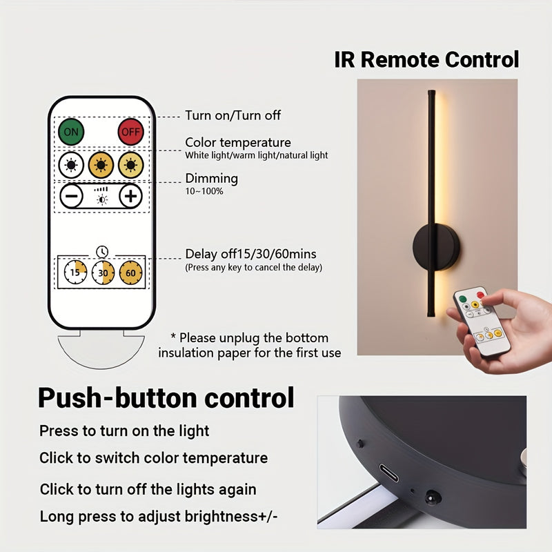 Lámpara de pared recargable tipo C de 50 cm, negra, con control remoto, regulable, función de apagado automático, montaje magnético, ideal para dormitorios, estudios, salas de estar y escaleras, fácil instalación