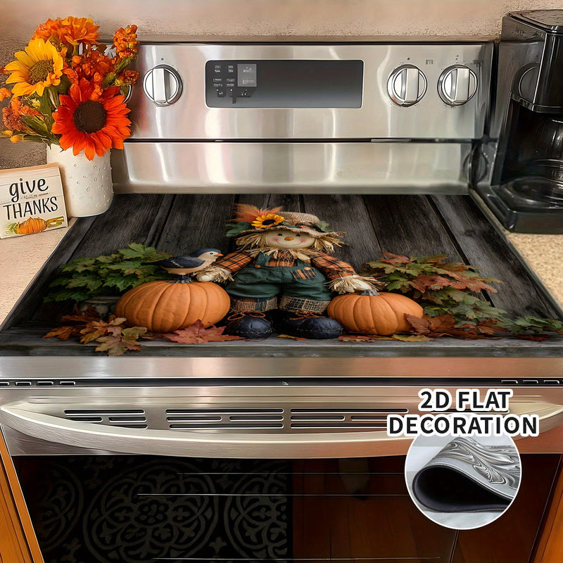 1pc Cubierta de Estufa para Acción de Gracias - con Espantapájaros, Calabazas y Hojas de Otoño - Superficie Antiadherente, Resistente a Arañazos y al Calor - Compatible con Estufas Eléctricas/Gas - Fácil Instalación para Decoración de Cocina en Otoño - A