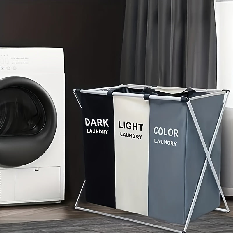 Cesto para ropa sucia de 3 compartimentos, gran capacidad de 9.07 kg por sección, tela Oxford 600D resistente y marco de aluminio, diseño moderno plegable para dormitorio, hogar, cocina, almacenamiento de juguetes y toallas, construcción robusta, cestos