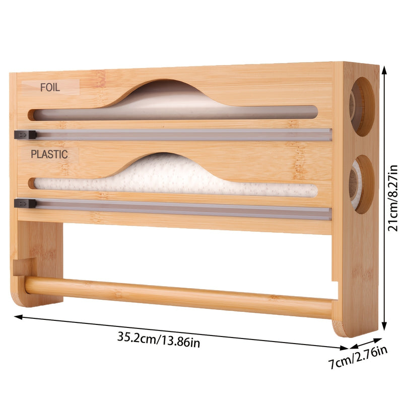 Organizador de cocina con cortador de papel film y soporte para papel - Solución de almacenamiento tres en uno: dispensador de papel encerado, rollos de papel encerado y aluminio - Ahorra espacio con portarrollo de plástico y dispensador de envoltura
