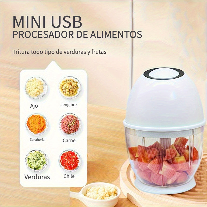 Procesador de Alimentos Mini USB Compacto de 400ml - Picadora Eléctrica de Ajo y Verduras, Cebolla, Jengibre, Chile, Frutas, Trituradora de Carne con Batería de Litio Recargable - Licuadora de Cocina Portátil para Preparación Rápida de Alimentos