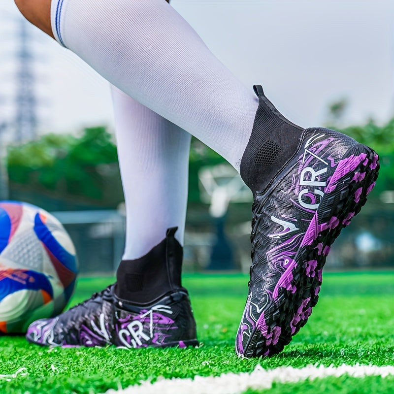 Zapatillas de fútbol de corte alto para jóvenes - Ligero, transpirable, suela de goma antideslizante, zapatos de entrenamiento cómodos con patrón azul y negro, perfectos para deportes al aire libre y práctica, uso todo el año, calzado de entrenamiento |