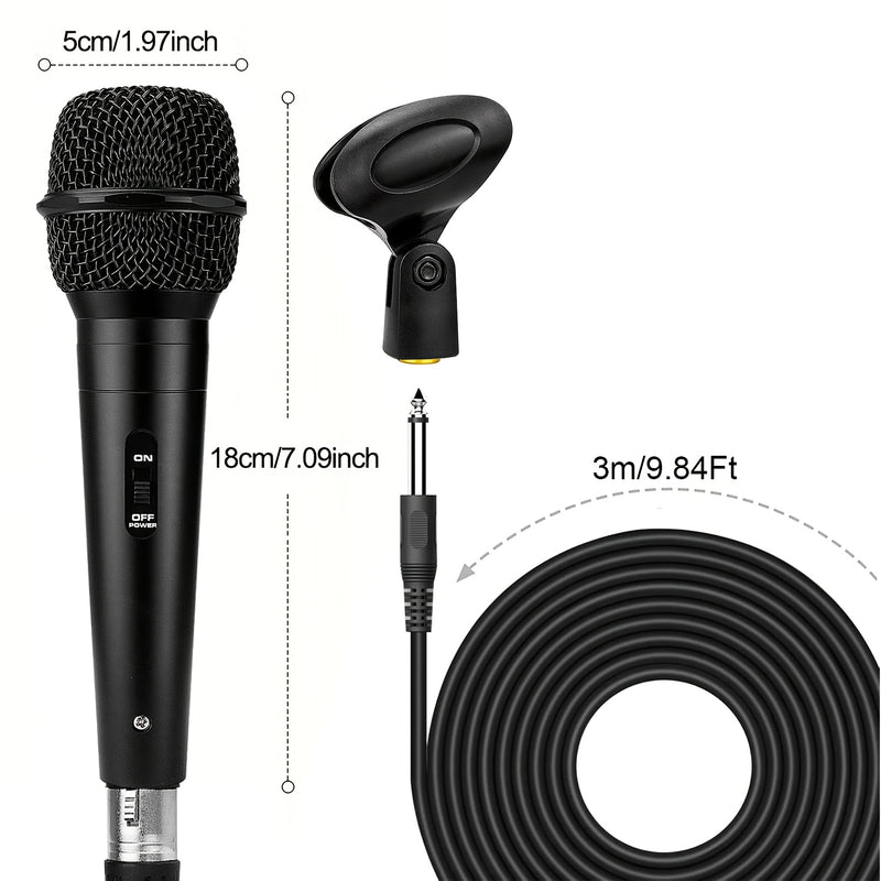 Micrófono Dinámico con Cable de Heikuding y Interruptor ON/OFF, Cable XLR de 298.7cm, Clip y Soporte para Karaoke, Altavoces, Fiestas y Actuaciones En Vivo