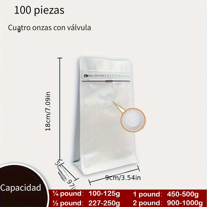 100pcs Bolsas de Café Autoadhesivas a Prueba de Fugas con Válvula Unidireccional - Perfectas para Almacenamiento de Granos, Frutos Secos, Frutas Secas y Té