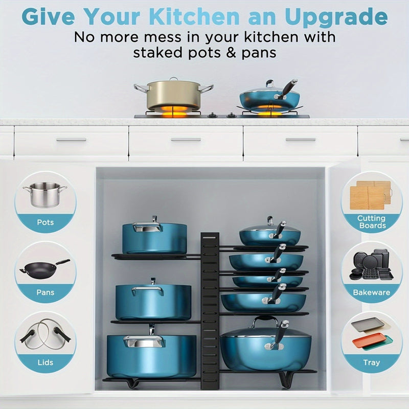 Organizador de ollas y sartenes de metal resistente de 8 niveles, antideslizante y resistente al óxido, diseño de pie para ahorrar espacio, ideal para cocinas en hogares y restaurantes, accesorio moderno y duradero para almacenamiento