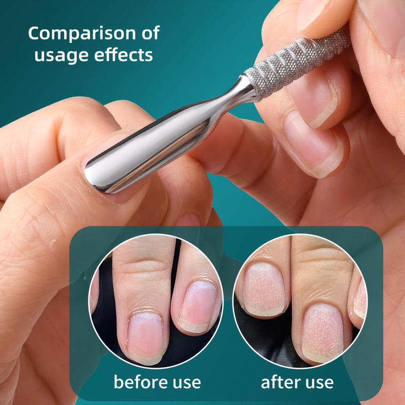 Púsher de callos de acero inoxidable profesional, quitacallos de doble cabeza con papel de lija de 240 granos, herramienta de preparación de uñas para manicura pedicura arte, producto de cuidado de uñas para pies y manos sin fragancia