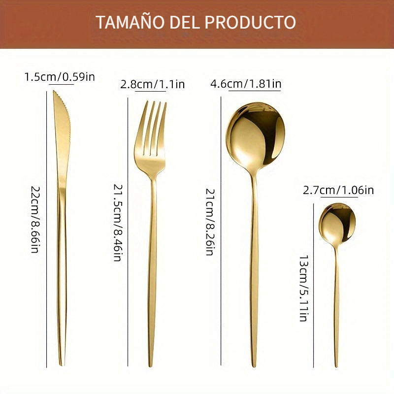 24 piezas de cubertería de acero inoxidable en dorado, con estilo elegante portugués, adecuado para 6 personas, incluye cuchillos para bistecs portugueses, tenedores, cucharas y cucharitas, juego de cubertería de acero inoxidable dorado de lujo, ideal pa