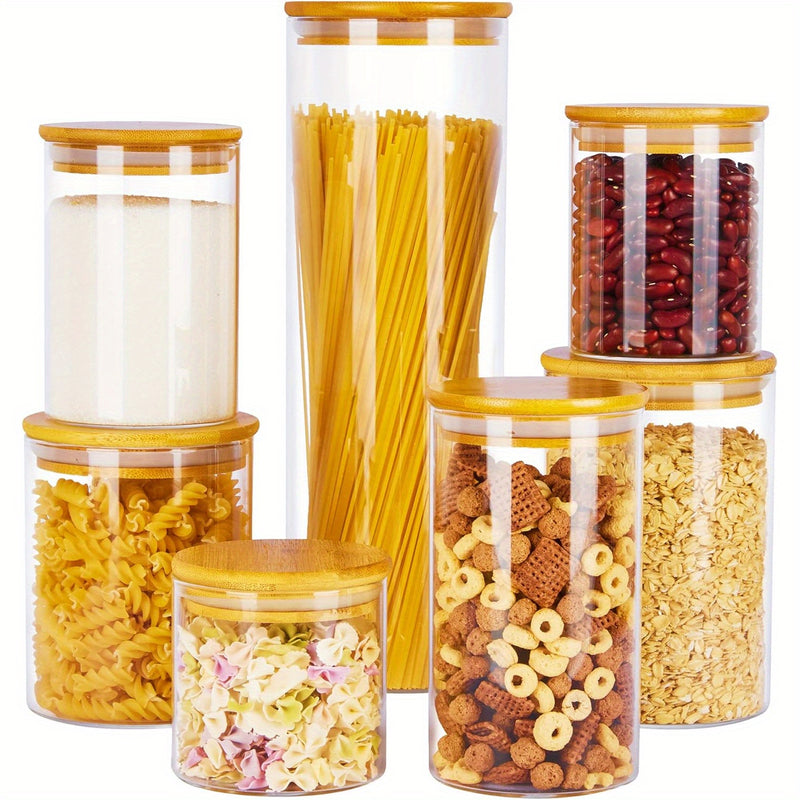 Tarros de Vidrio para Almacenamiento de Comida, Set de 7 Contenedores con Tapas Herméticas de Madera y Bambú para Pasta, Galletas, Frutos Secos, Granos de Café, Cereales, Tarros de Vidrio para Cocina, Organización del Despensa, Libre de BPA