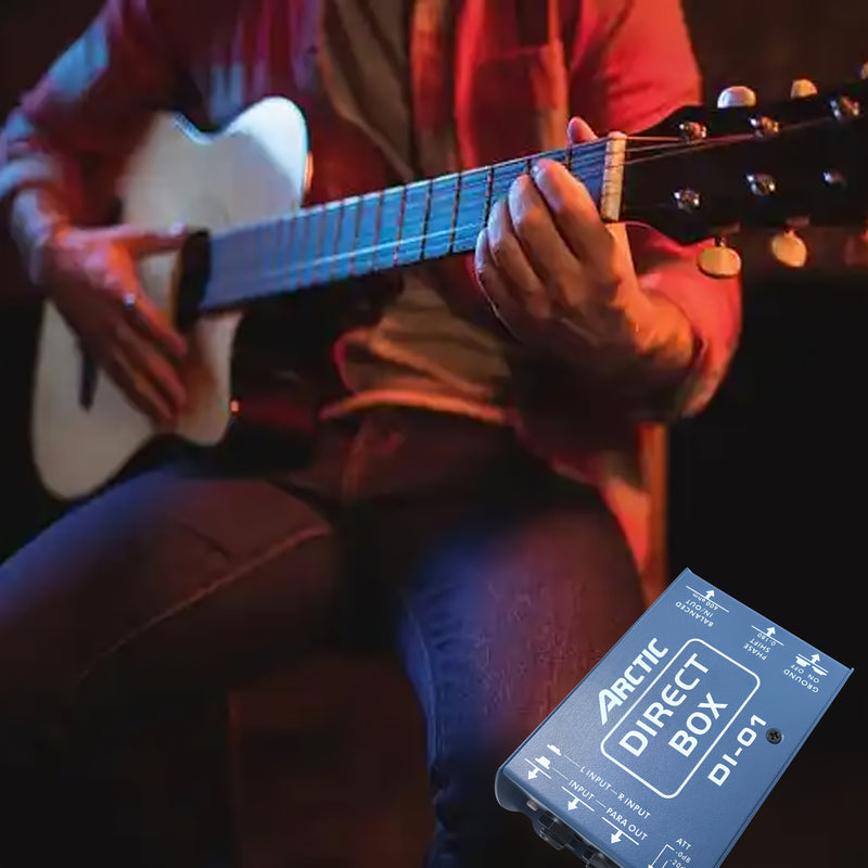 Unidad DI pasiva profesional DI-01, construcción de acero, conexión de guitarra y bajo, salida de audio de alta calidad para producción musical, equipo de grabación de estudio.