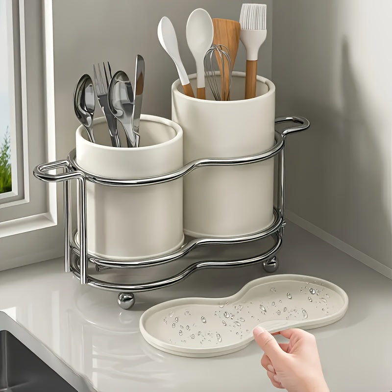 Juego de 3 Portacubiertos con 2 Bandejas para Utensilios, Organizador de Cubertería con Marco Metálico y 2 Compartimentos para Almacenamiento en Cocina y Encimera
